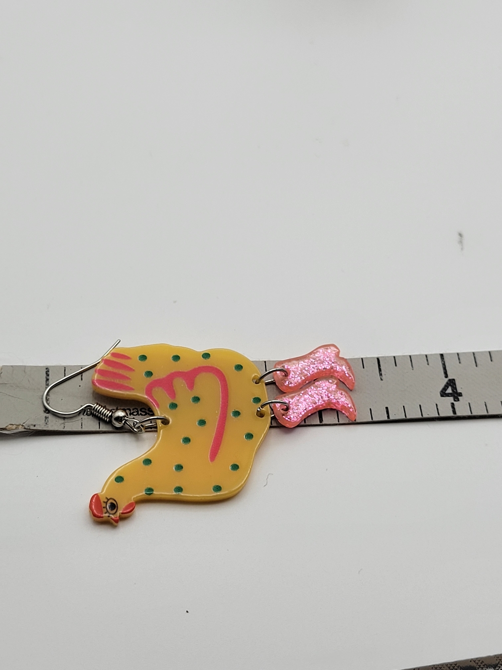 Funny Funky Yellow pink Glitter Chicken Dangle earrings - Picture 8 of 8